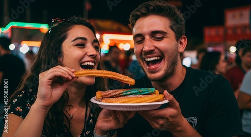 Wallpaper Mural A young couple laughs as they share a plate of rainbow-colored churros at a lively street fair. One person holds a churro mid-bite Torontodigital.ca