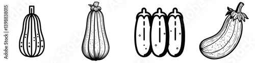Various types of squash displayed in a black and white illustration featuring distinctive shapes and patterns