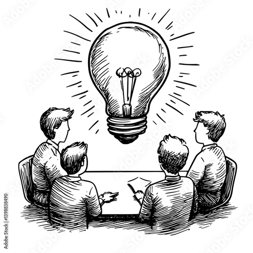 Four individuals collaborate in a brainstorming session with a light bulb symbolizing innovation above them