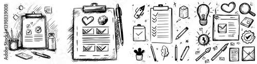 Creative sketches of checklists, notepads, and stationery supplies in a workspace setting