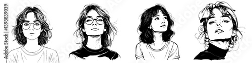 Young woman showcasing different hairstyles and expressions in a black and white sketch style art piece with distinct characteristics