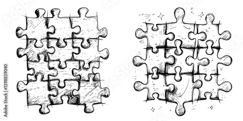 Puzzles arranged in two styles showcasing variety in design and complexity during a creative brainstorming session