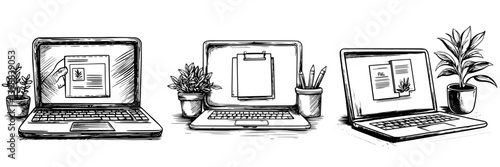 Creative workspace with multiple laptops displaying various tasks and plants enhancing productivity