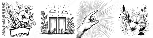 Floral designs with hand gesture emerging from a radiant backdrop in a creative illustration