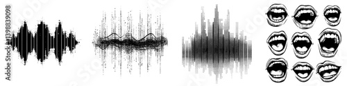 Sound wave patterns illustrated through varying designs showcasing different frequencies and amplitudes in black and white