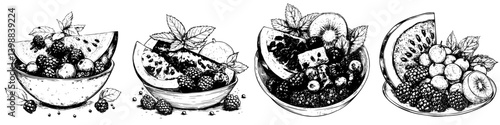 Artistic illustration of mixed fruit bowls featuring berries, melon, and mint leaves in a detailed black and white design