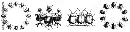 Discussion about pest control strategies with cartoon insects in a meeting setting