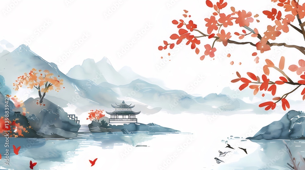Watercolor Landscape Painting Depicting Mountain Scenery and Autumn Foliage with a Calm River View Watercolor Landscape Painting Depicting Mountain Scenery and Autumn Foliage with a Calm River View