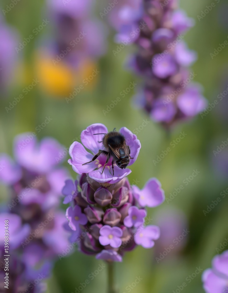 A lone black bee delicately perched on a vibrant purple lavender bloom, botany, single flower, mellifera