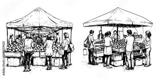 Community members browse fresh produce at an outdoor market during a sunny afternoon in a bustling neighborhood