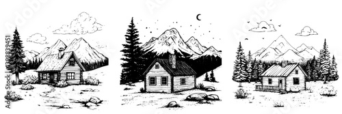 Charming rustic cabins in a mountainous landscape with serene natural beauty and clear skies during daylight hours