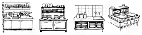Detailed illustration of a commercial kitchen setup with culinary equipment and storage areas for cooking and food preparation