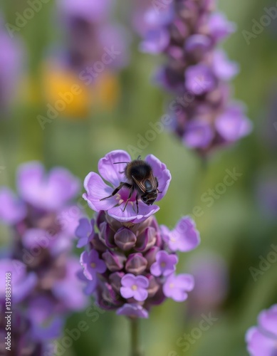 Obraz na płótnie A lone black bee delicately perched on a vibrant purple lavender bloom, botany, single flower, mellifera w salonie