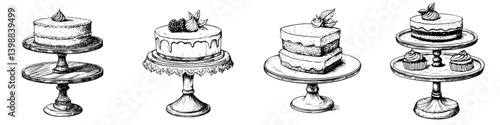 Delicate dessert display showcasing a variety of beautifully designed cakes on elegant stands