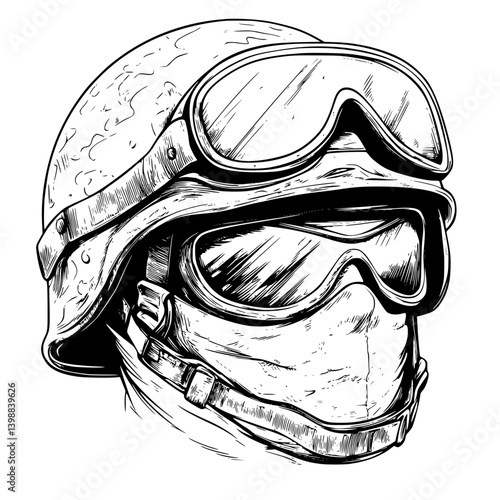 Military soldier wearing helmet and goggles during a mission in a war zone with a tactical scarf