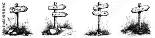 Various wooden signposts indicating directions in a natural setting during daytime in a rural area