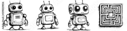 Cute and quirky robot characters exploring creativity and design in a whimsical art studio