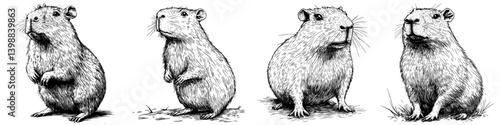 Rodent illustration series showcasing different poses and expressions in a natural setting