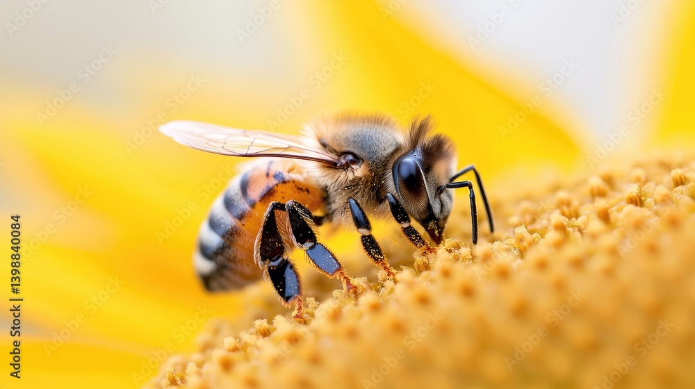 Naklejka premium Honeybee on a flower collecting pollen. Close-up view of a bee feeding on a bright yellow flower