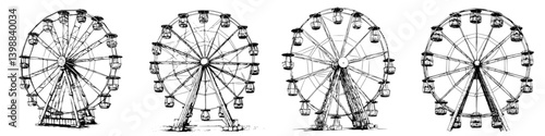 Ferris wheel illustrations show different angles and perspectives of a classic amusement ride often seen at fairs