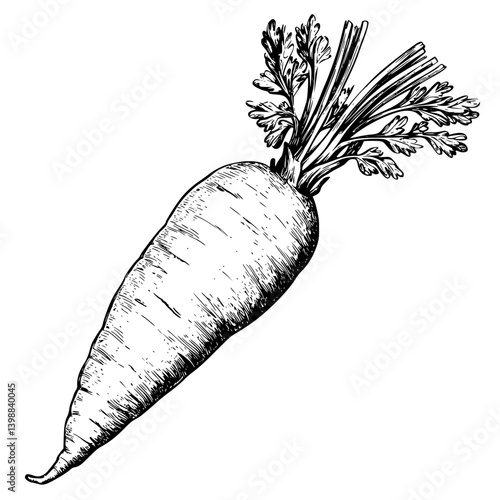 Detailed sketch of a freshly harvested carrot with green tops resting on a clean surface