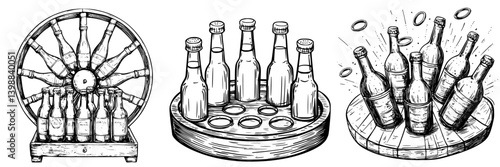 Vintage bottle display showcasing various bottle types arranged on wooden stands in a brewery setting