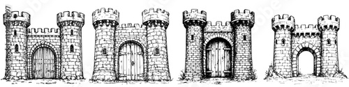 Illustration of medieval castle towers with battlements and wooden doors, showcasing architectural styles from the past