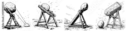 Historical depiction of a catapult launch sequence demonstrating projectile motion mechanics