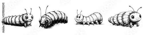 Cartoon caterpillars in various poses against a white background showcasing playful expressions and forms