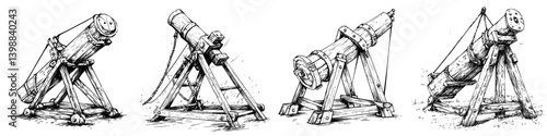 Historic siege weapons including trebuchets and catapults in a detailed illustration from medieval times
