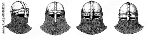 Different styles of medieval helmets on display showcasing historical armor design and craftsmanship in a detailed illustration