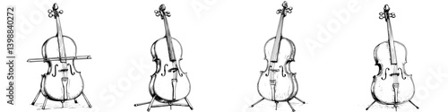 Multiple views of a classic cello displayed in a minimalist style showcasing elegance and craftsmanship in design