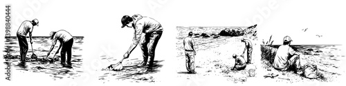 People collecting shells along a rocky beach during a sunny day in summer, showcasing a peaceful coastal activity