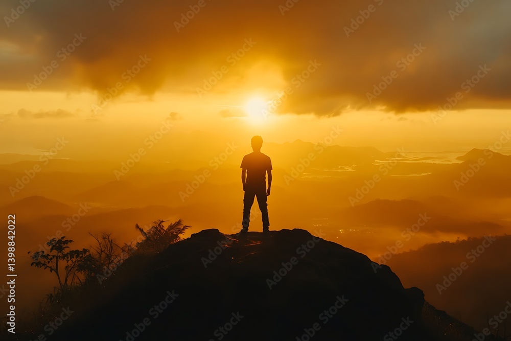 Silhouette of a Person Standing on a Mountain Peak at Sunrise. Silhouette of a Person Standing on a Mountain Peak at Sunrise.