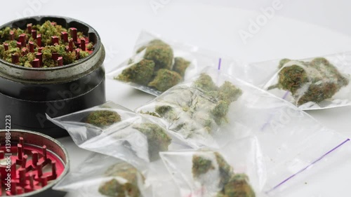 Medical marijuana buds with grinder spinning on white background, 360 degrees rotation. Cannabis is a herbal or alternative medicine