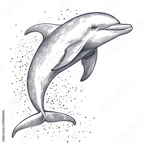 Detailed dolphin ink drawing with splash effect, hand drawn marine life illustration in black lines