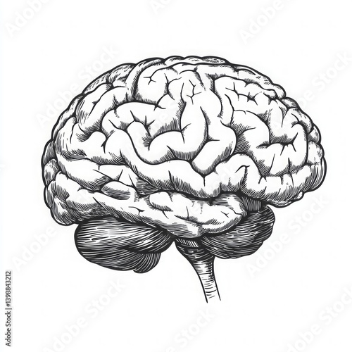 Detailed black and white illustration of human brain side view, drawn with bold engraved lines.