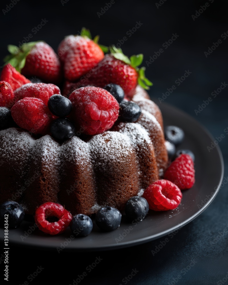 Delicious bundt cake topped with fresh berries powdered sugar and mint leaves served on black plate Delicious bundt cake topped with fresh berries powdered sugar and mint leaves served on black plate