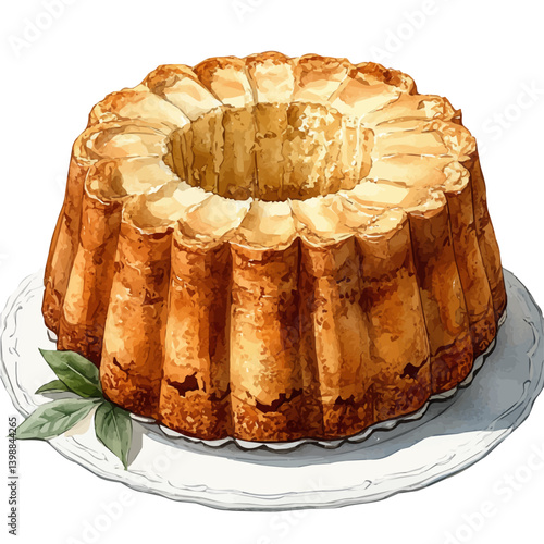 Rum Cake, vector watercolor illustration, isolated on a white background.