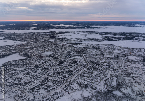 An aerial view of winter landscape at Yellowknife, Northwest Territories, Canada
