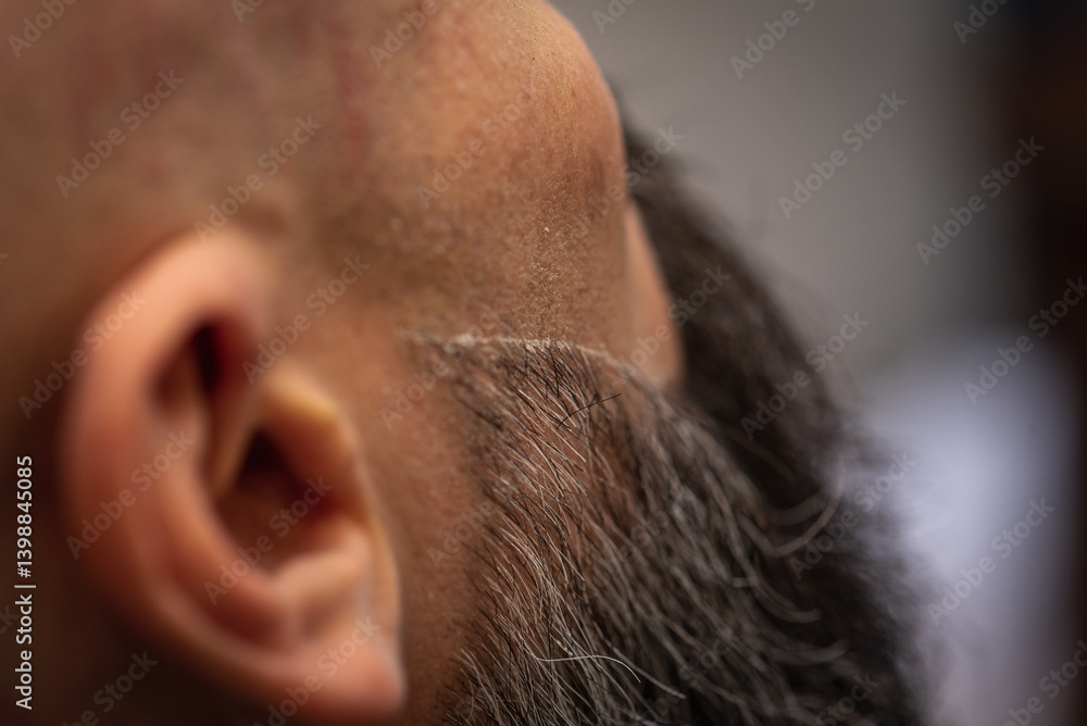 Close-up of a barber trimming a beard with electric clippers in a modern barbershop. Professional men's grooming and beard care service, selective focus