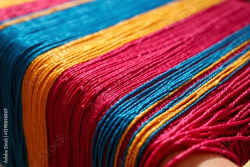 Close-up macro photograph of vibrantly colored yarn threads arranged in parallel lines, jewel tones of magenta pink, golden yellow, and turquoise blue
