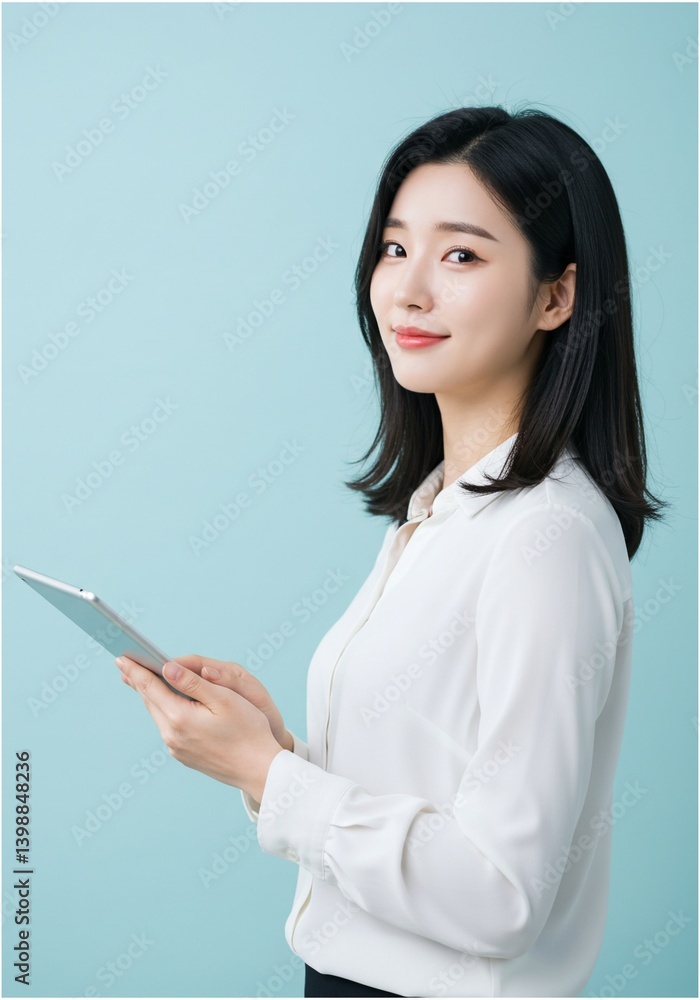 beautiful young asian woman holding tablet pastel color background beautiful young asian woman holding tablet pastel color background