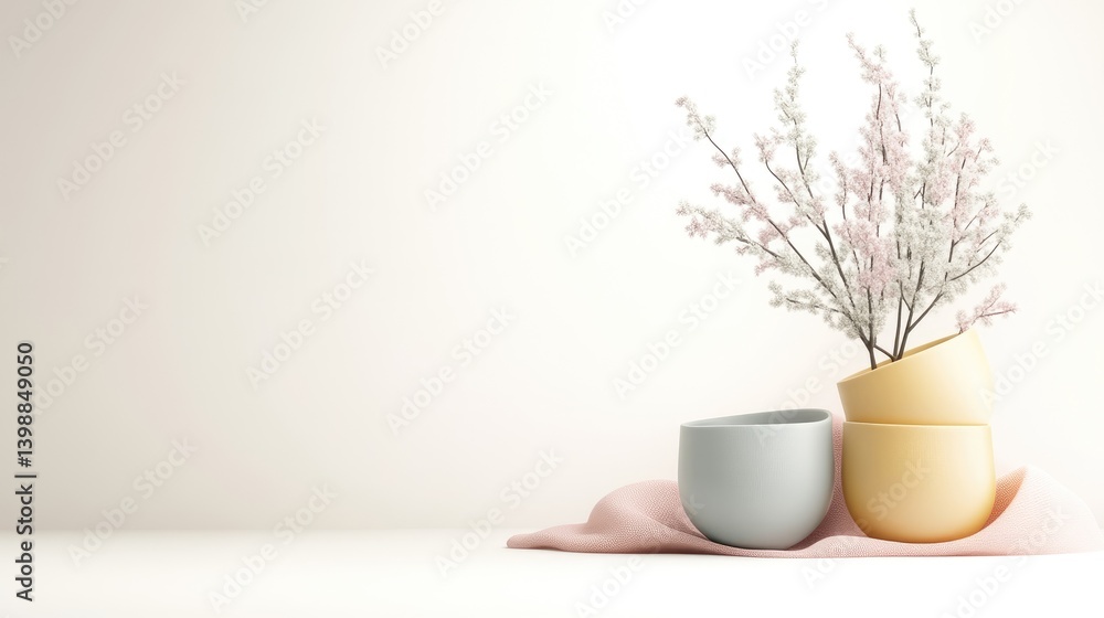 Two ceramic vases with delicate white flowers on a soft pink cloth, minimalist composition on a white background, and elegant and serene setting. Two ceramic vases with delicate white flowers on a soft pink cloth, minimalist composition on a white background, and elegant and serene setting.