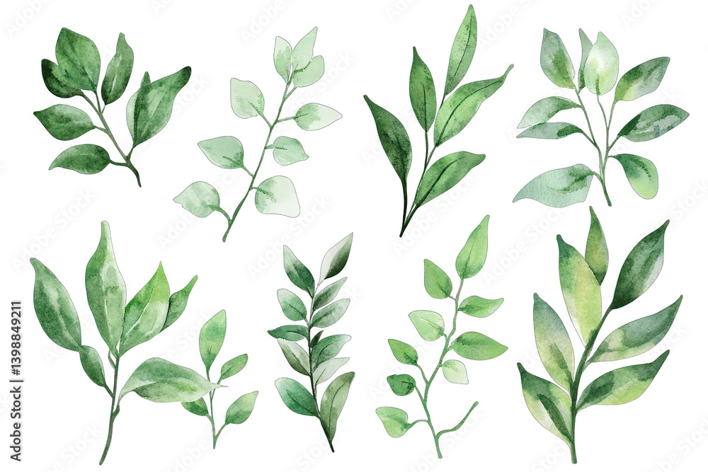 watercolor illustrations of various green leaves showcasing different shapes and shades of green ideal for design or botanical themes watercolor illustrations of various green leaves showcasing different shapes and shades of green ideal for design or botanical themes