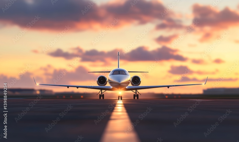 Private jet on runway at sunset aviation travel transport