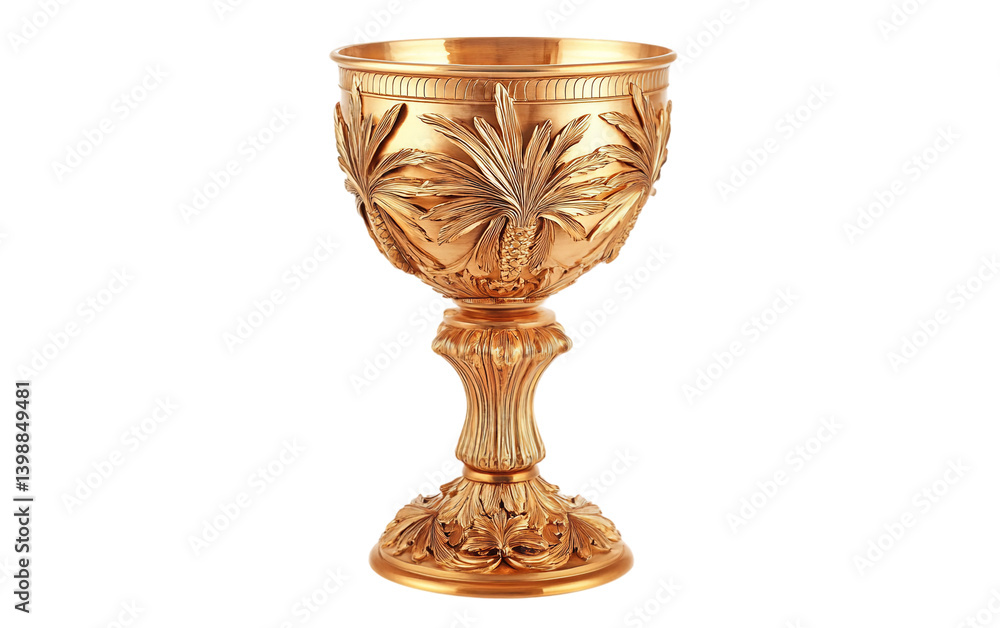 A ceremonial gold chalice with palm leaf patterns, radiating divine elegance Isolated on transparent background. A ceremonial gold chalice with palm leaf patterns, radiating divine elegance Isolated on transparent background.