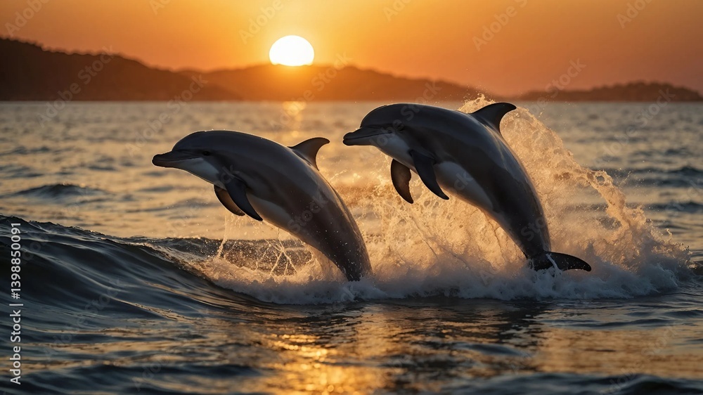 Fototapeta premium Dolphins jumping joyfully at sunset over ocean waves 