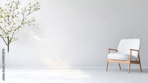Wallpaper Mural A white armchair placed in a minimalist room with a blooming tree on the wall, soft sunlight streaming in, and serene and modern interior design concept. Torontodigital.ca