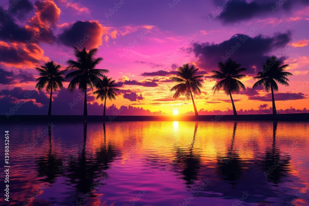 Palm trees silhouette against a vibrant sunset reflected in the water Palm trees silhouette against a vibrant sunset reflected in the water